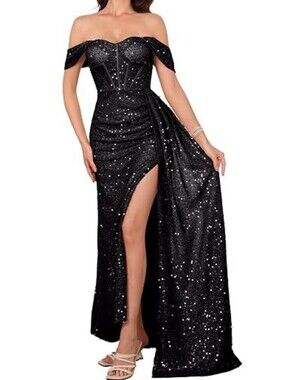 Sz L (fits 10ish imo) Adyce Black Sequin-Tinsel Off-Shoulder Split Thigh Gown
